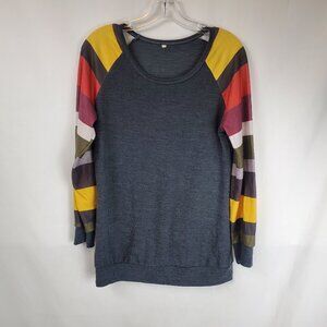 Cute Grey Long Slv Womens Tee Stripe Slv Wide Neck Sz Medium